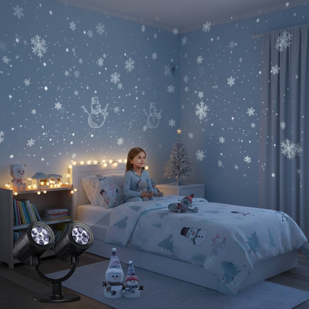 LED-Schneeflocken-Projektor im Kinderzimmer mit beruhigender winterlicher Lichtprojektion