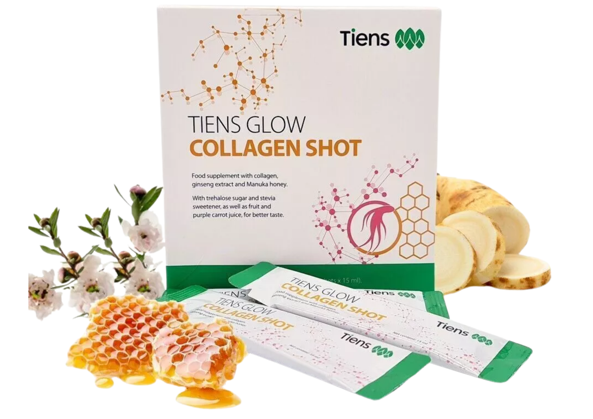 Tiens Collagen Shot with fish collagen peptides, ginseng extract, manuka nectar honey