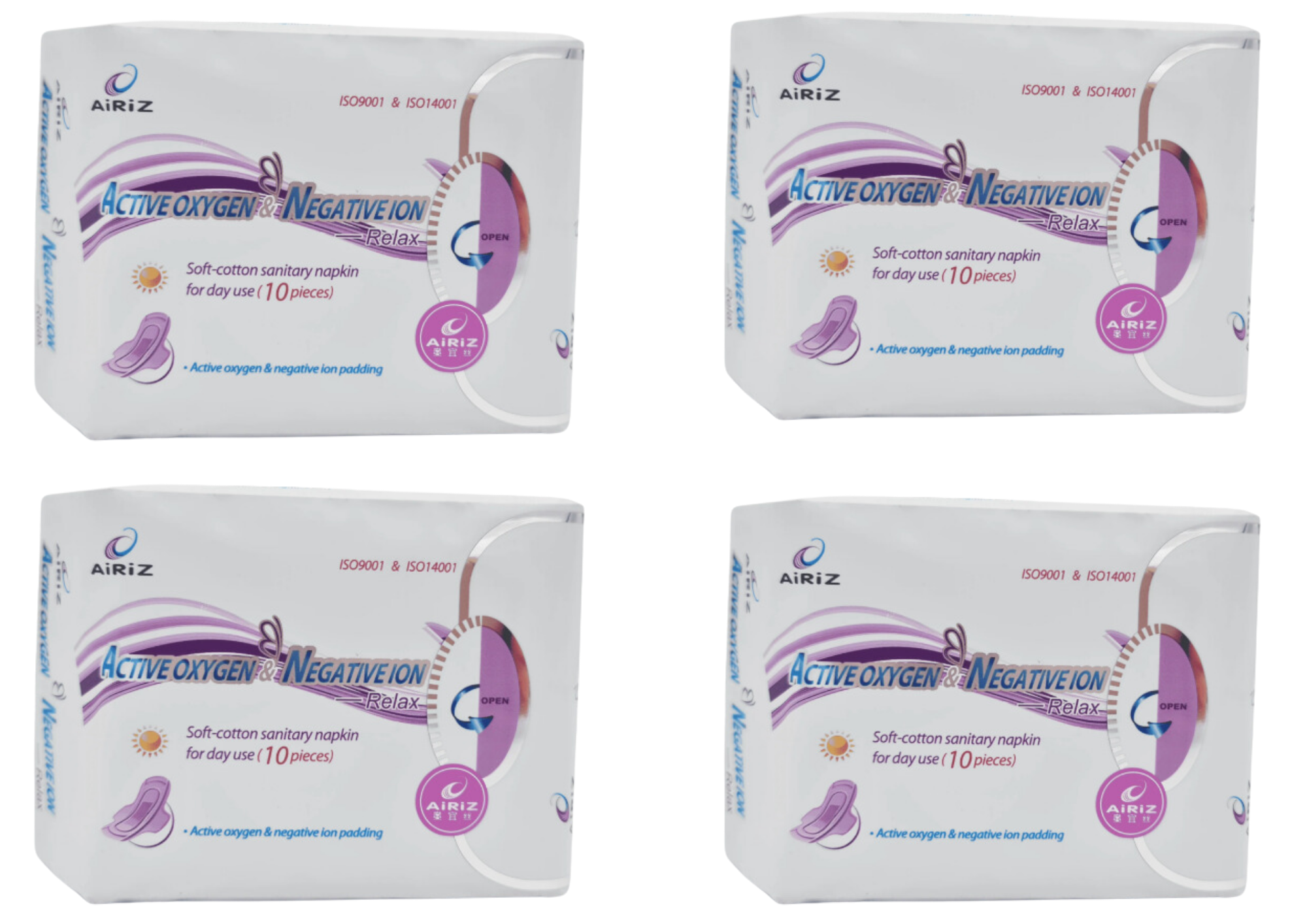 4 x Airiz Active Oxygen, Negative Ion Relax Soft Cotton Sanitary Napkin