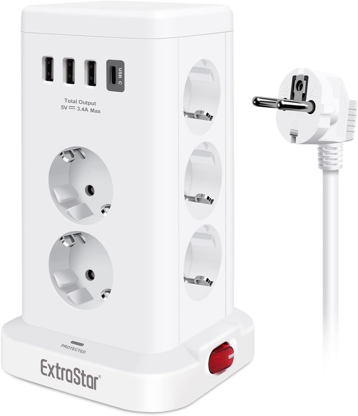 11 Fach Mehrfachsteckdose mit 3 USB A und 1 USB C, Steckdosenleiste mit Schalter