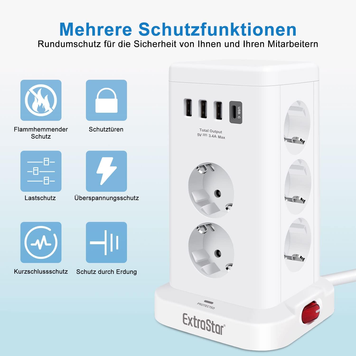 11 Fach Mehrfachsteckdose mit 3 USB A und 1 USB C, Steckdosenleiste mit Schalter