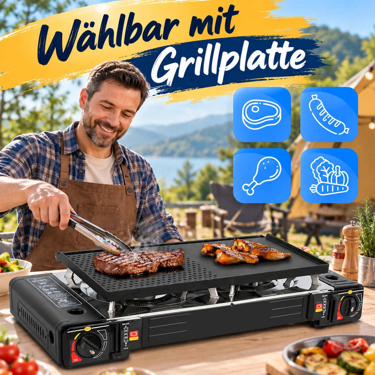 2 flammig Campingkocher Outdoor Camping Gas Kocher Grillplatte + 4x Gaskartusche