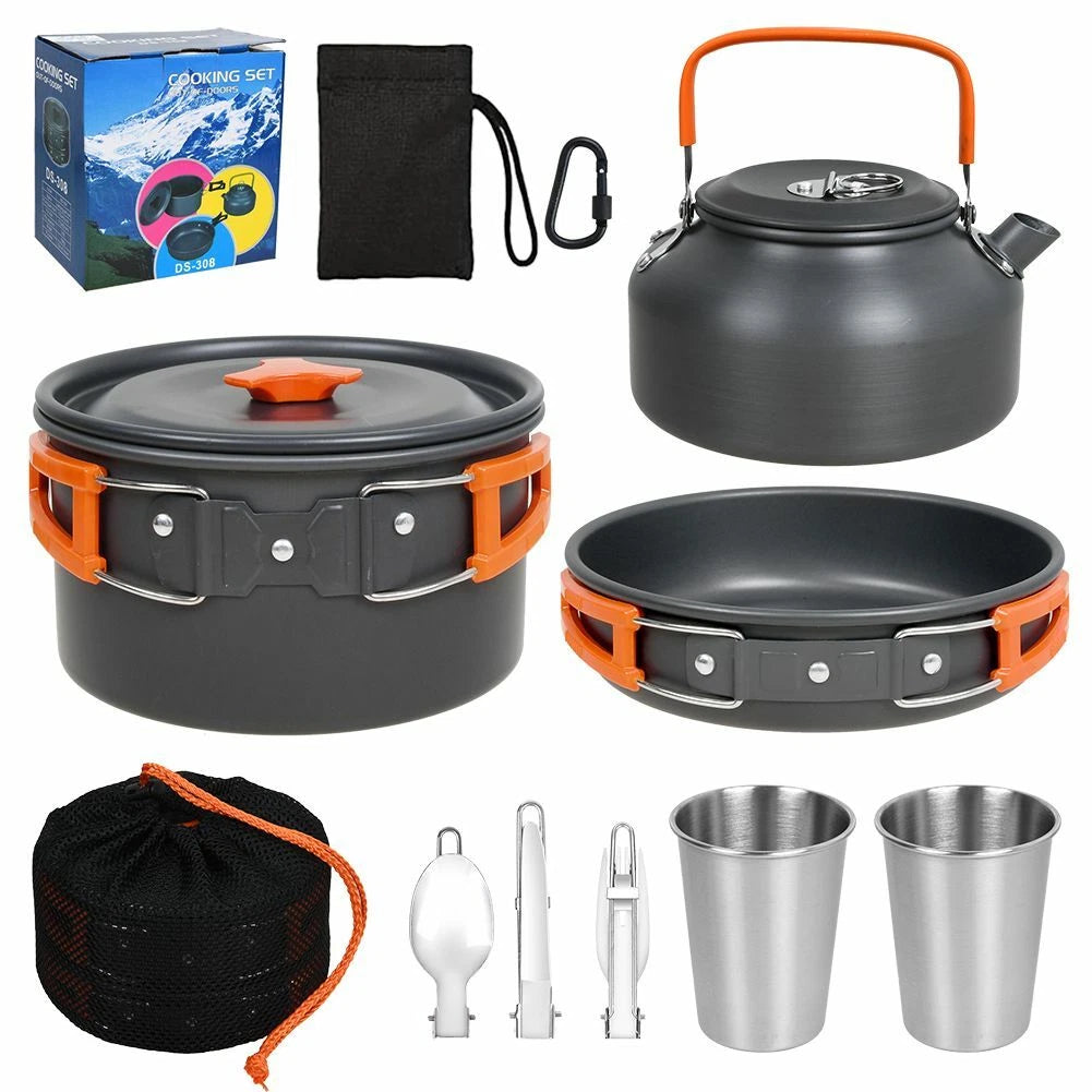 Camping Kochgeschirr Set für 2–3 Personen – Outdoor Töpfe, Pfanne & Kessel 11-teilig