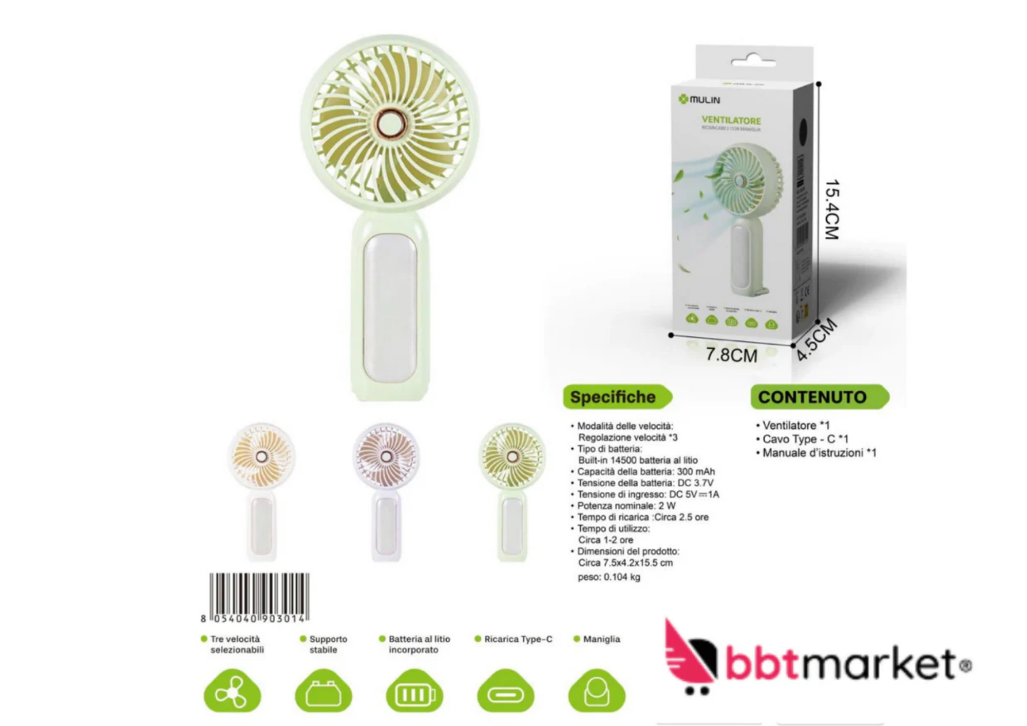 Mini USB Akku Ventilator – Leiser Handventilator mit 3 Stufen USB-C