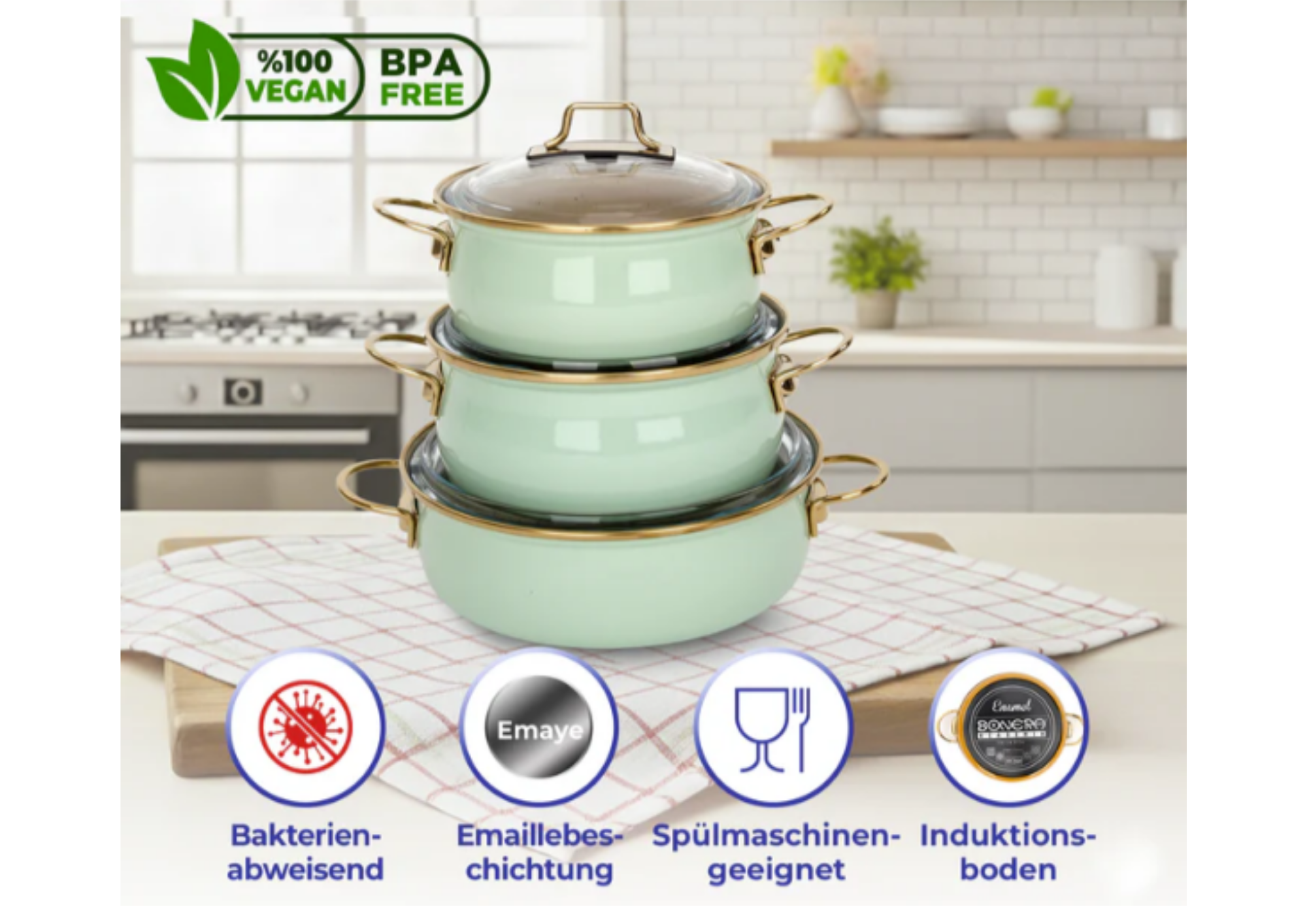 Bonera Vintage Topfset 3-teilig Induktion – Emaille Kochtöpfe 16 / 20 / 22 cm