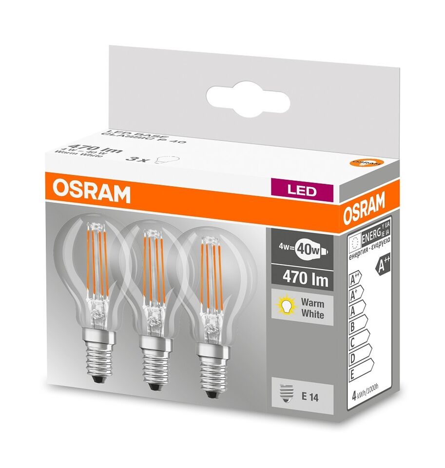 3x Osram LED Filament Lamps Drop 4W = 40W E14 clear 470lm warm white 2700K-NEW