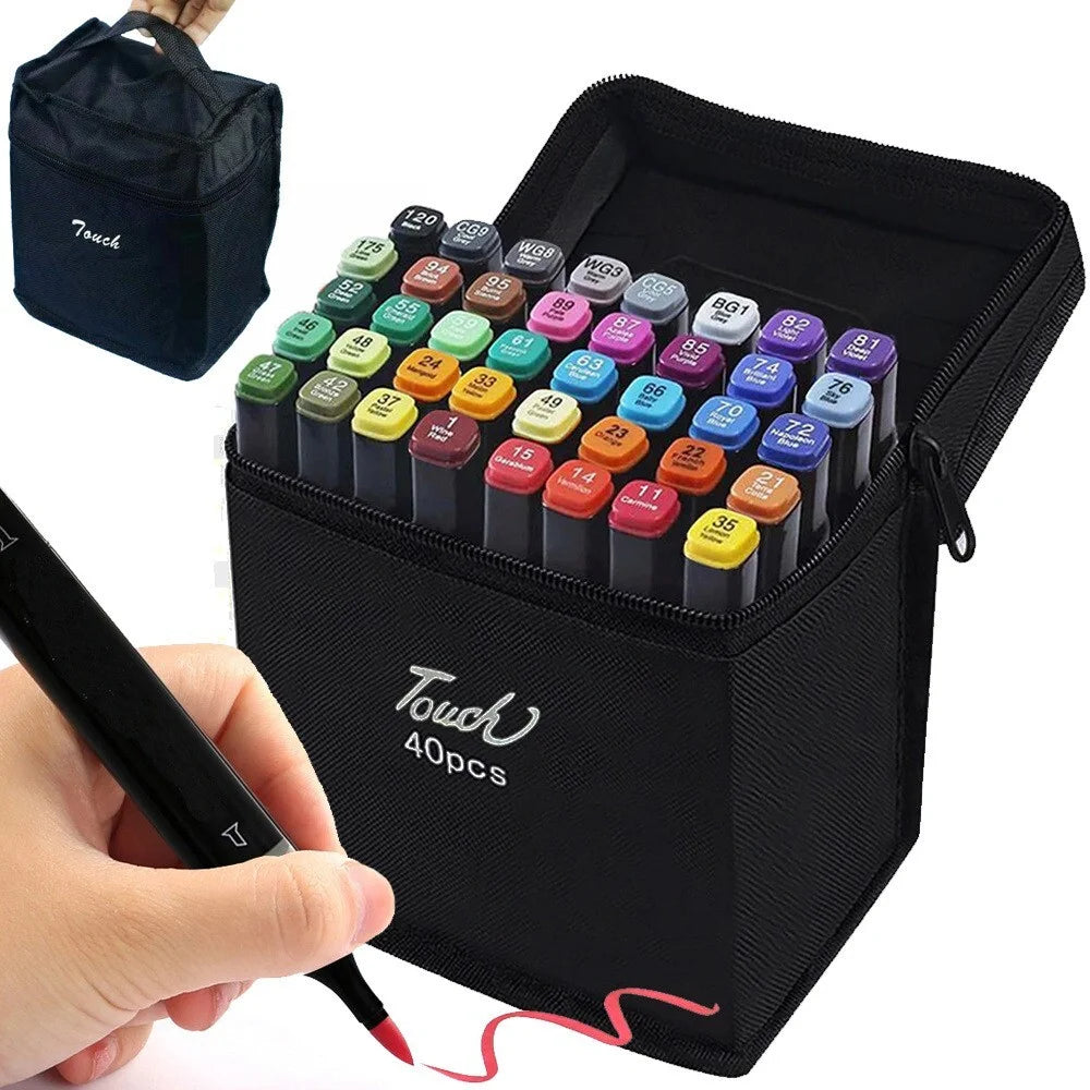 40 Farben Alkoholmarker Set – Doppelseitige Filzstifte mit feiner & breiter Spitze inklusive Etui für Zeichnen, Skizzieren und Kreatives Gestalten