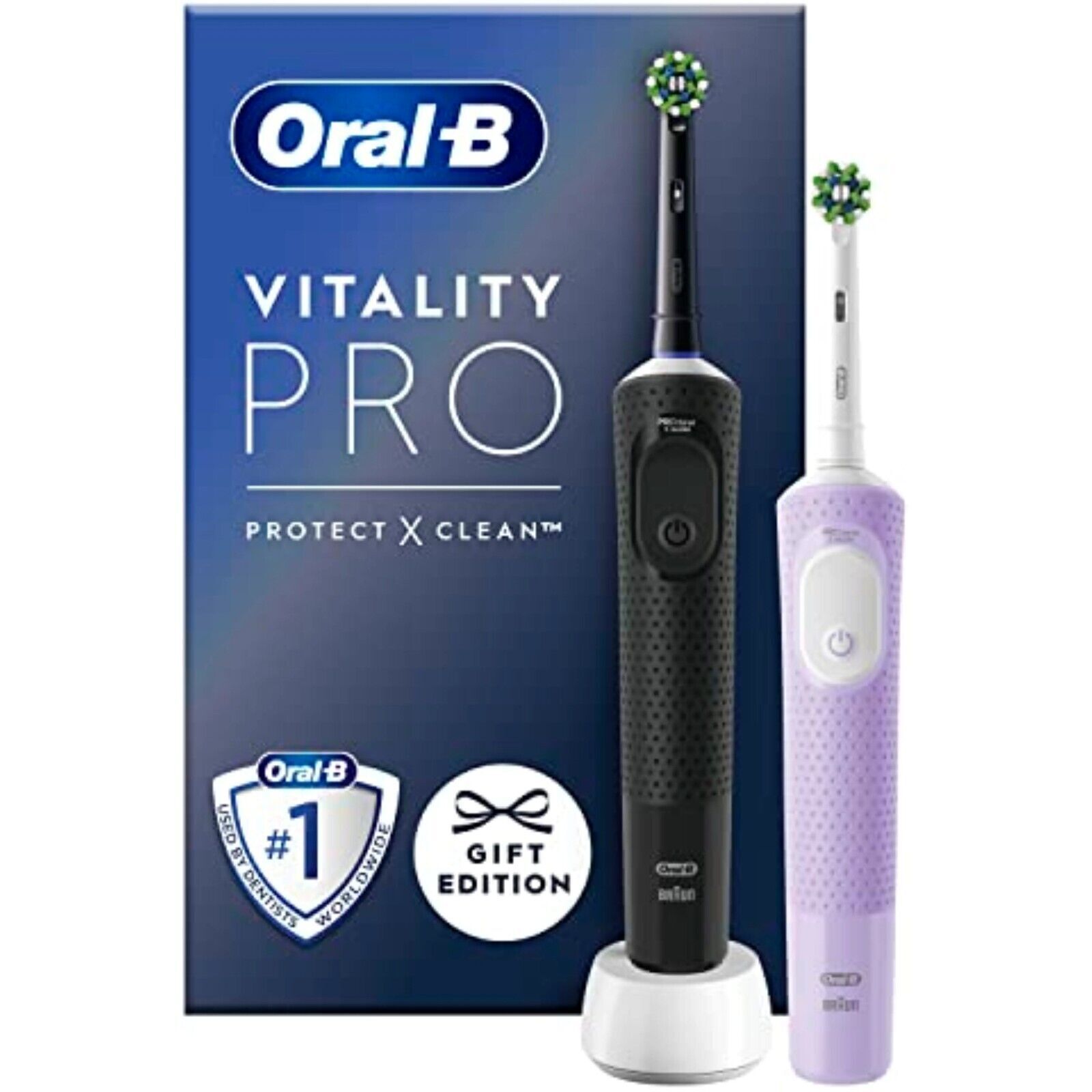 Oral-B Vitality Pro Elektrische Zahnbürste Doppelpack – 3 Putzmodi, 2 Aufsteckbürsten, Schwarz/Lila