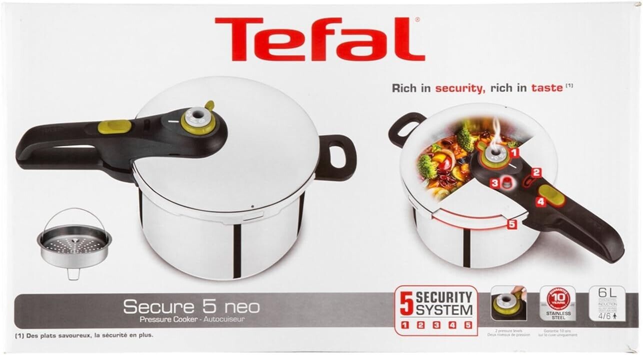 Tefal Secure 5 Schnellkochtopf P25307 | inklusive Dampfkorb mit Dreifuß | 6 L Fassungsvermögen | Hochwertiger Edelstahl | 5-Fach Sicherheitssystem | Geeignet für alle Herdarten, inklusive Induktion