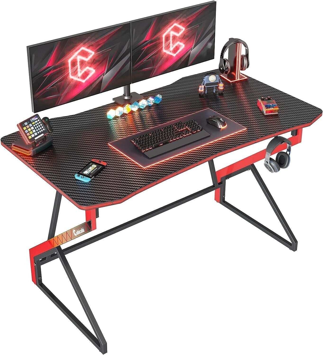 CubiCubi Gaming Schreibtisch 100 x 60 cm – Ergonomischer Esport Computertisch mit Z-Form Gestell, Kopfhörerhaken & Carbon Oberfläche