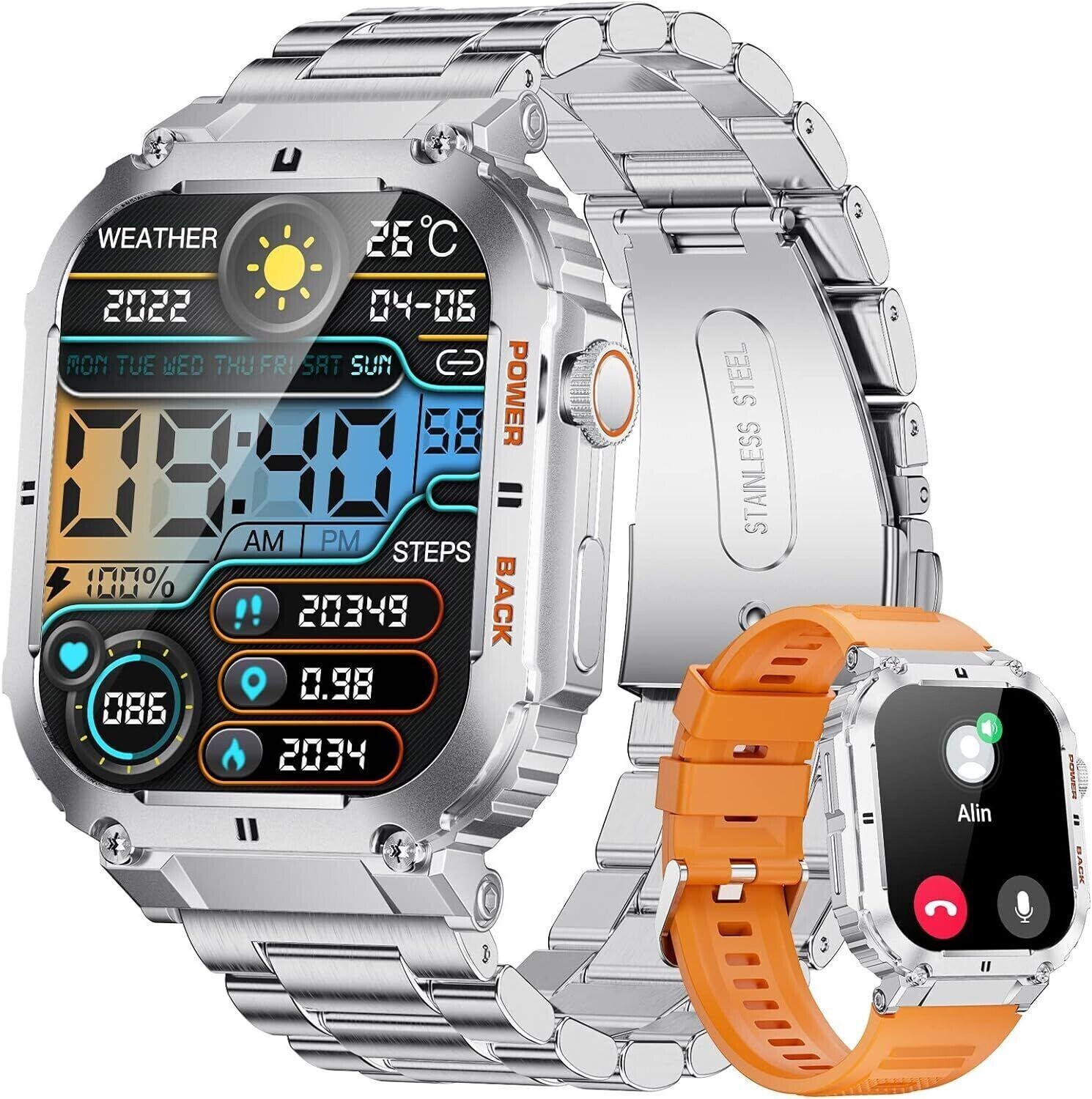 Men's Smartwatch with Phone Function, 1.96'' HD Touchscreen, 5ATM Waterproof