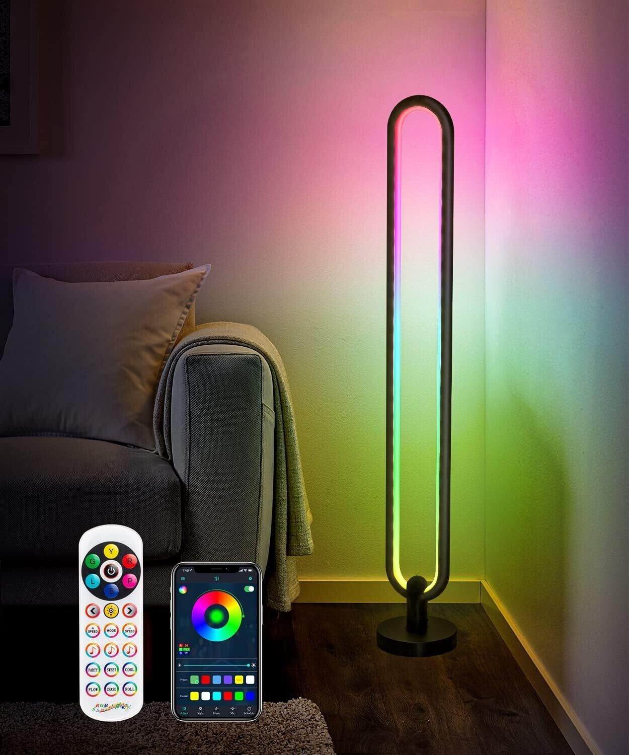 Smart Bluetooth LED Stehlampe – RGB Ambient Lampe mit Musik Sync & App Steuerung für Gaming, TV & Party