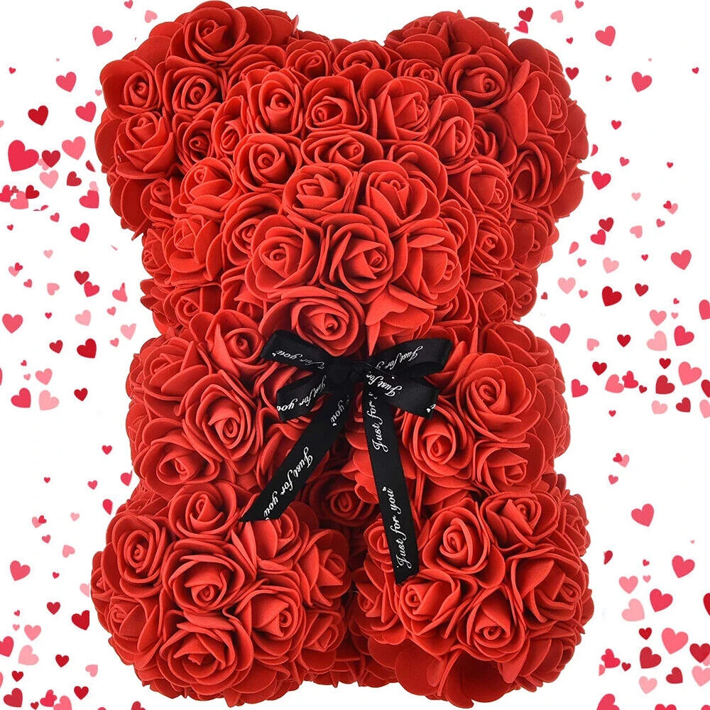 Rosenbär 24cm mit Herz & Geschenkbox – Romantischer Schaumstoff Teddybär aus Rosen für Valentinstag, Hochzeit & Geburtstag