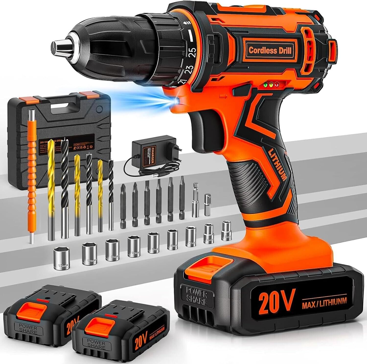 3 in 1 Akku-Schlagbohrschrauber 20V Akkuschrauber Set Mit 2 Akku + Koffer +24tlg