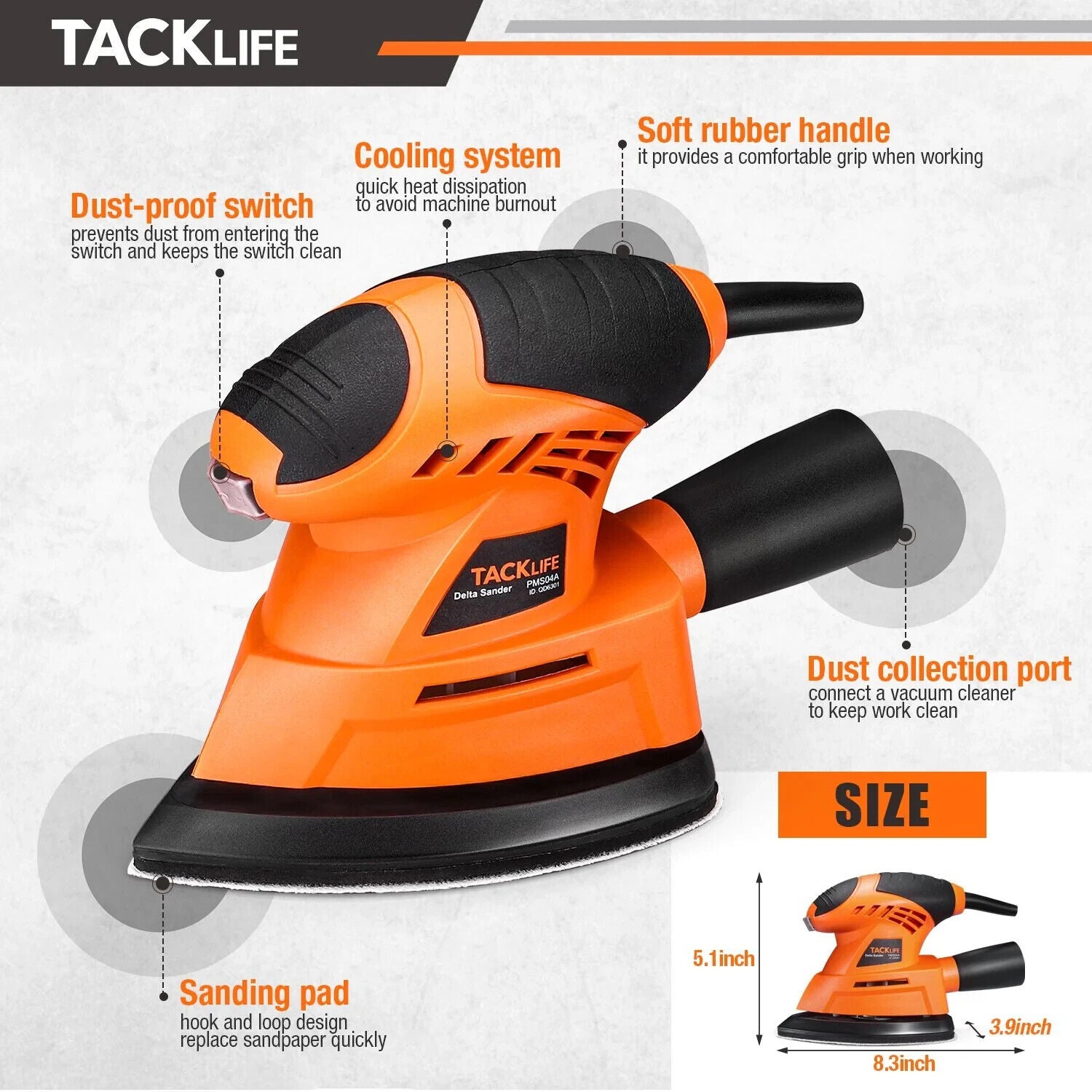 Tacklife Mouse Detail Sander mit Schleifpad 20Stücke Schleifpapier 360° 12000OPM