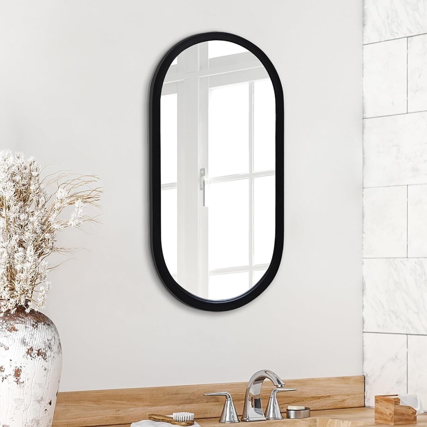 Oval Wandspiegel 31x61 cm Schwarz Badspiegel Wohnzimmer Spiegel Modern