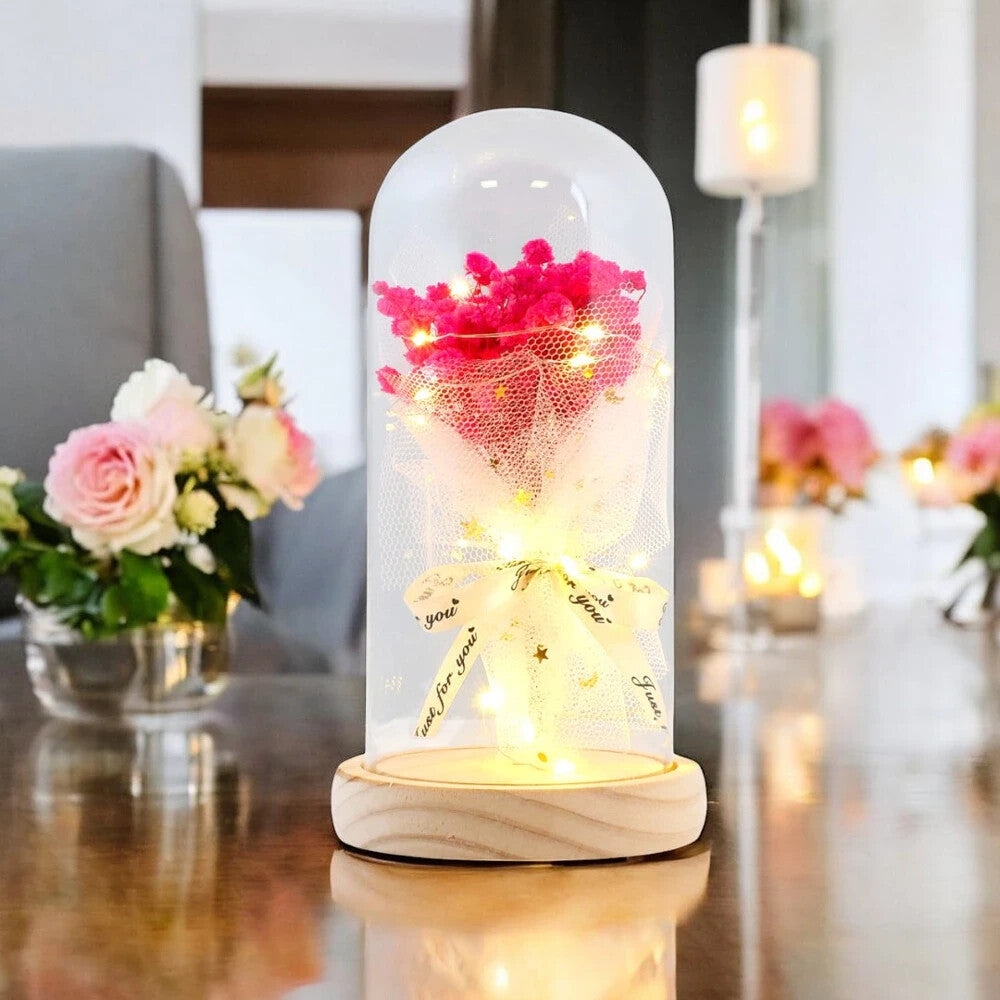 Rosa Schleierkraut Blumenstrauß in Glaskuppel mit LED – Geschenkidee🌸🌸🌸
