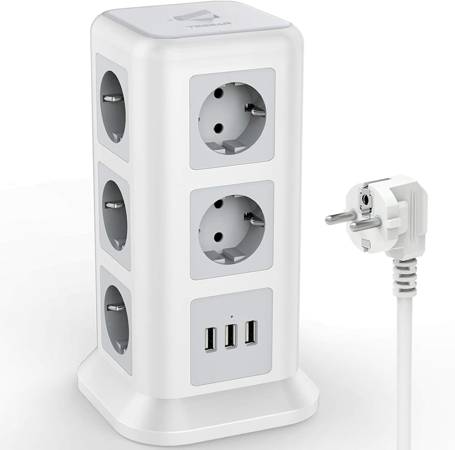11-Fach Steckdosenleiste mit 3 USB & Schalter – 2M Kabel, 2500W, Turm-Design