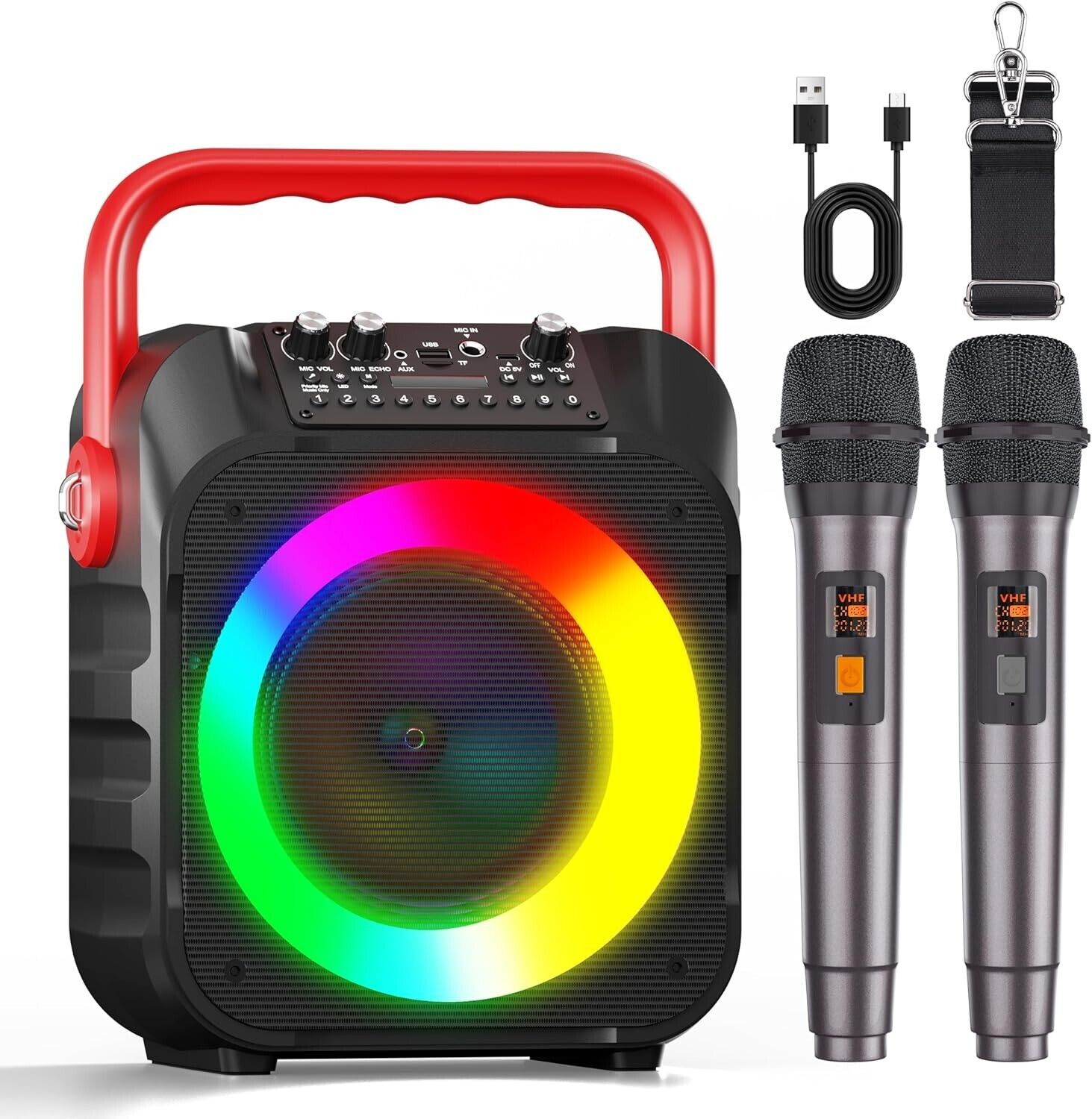 Tragbare Karaoke Maschine mit 2 Kabellosen Mikrofonen & LED – Bluetooth Lautsprecher Rot