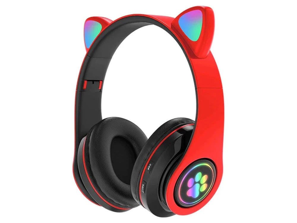 Bluetooth Kopfhörer mit LED Katzenohren FM MP3 MicroSD – Rot, Wireless