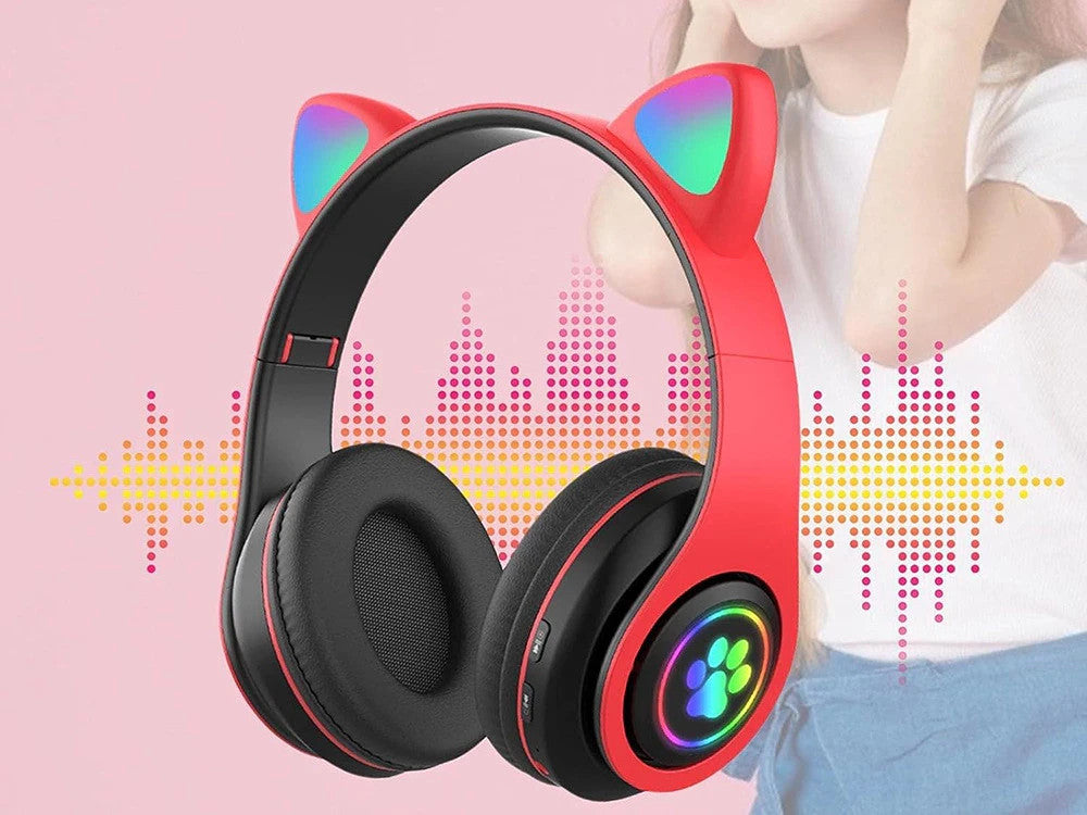Bluetooth Kopfhörer mit LED Katzenohren FM MP3 MicroSD – Rot, Wireless