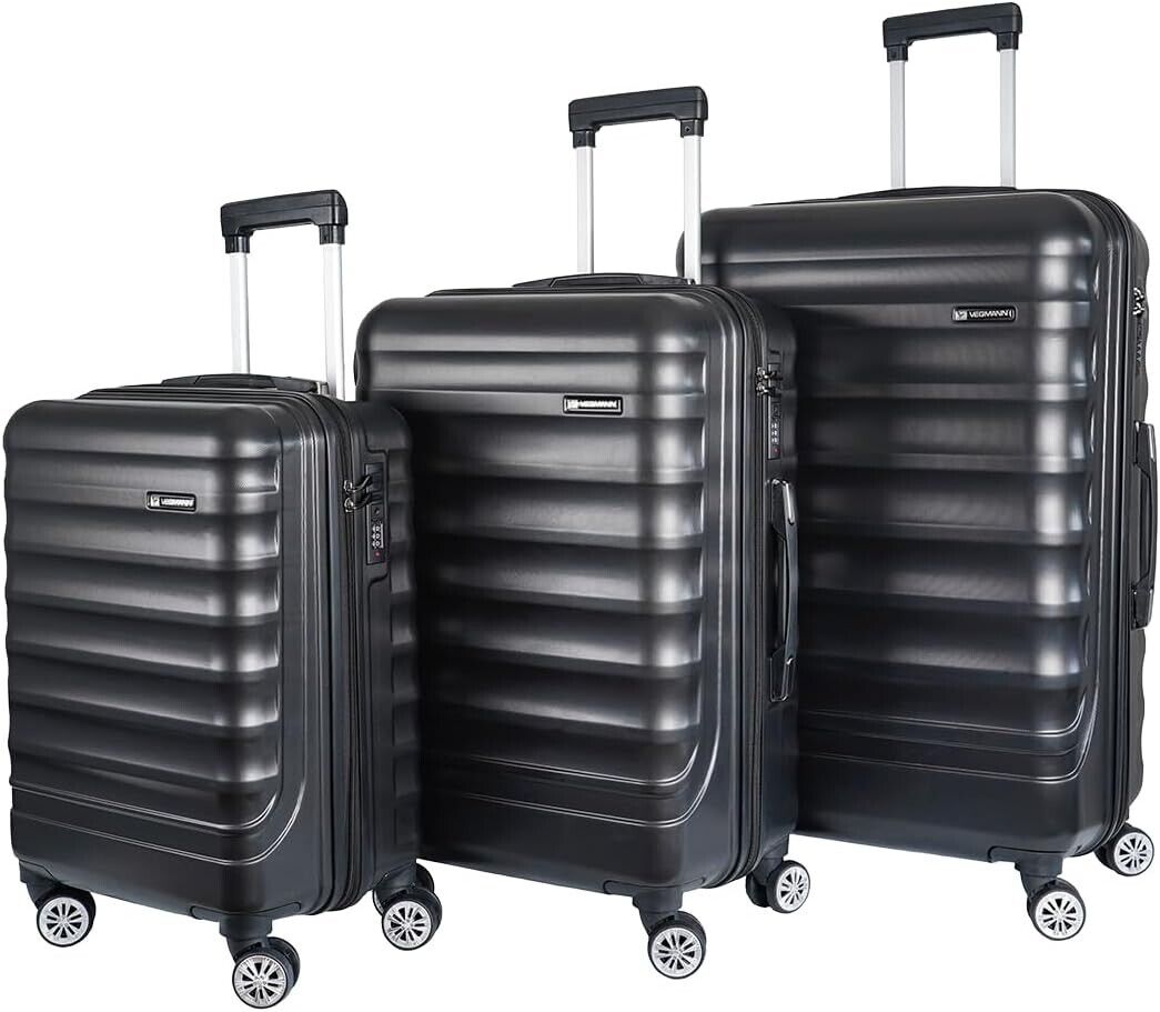3-teiliges Hartschalen Kofferset Schwarz – Reisekoffer M/L/XL mit 4 Rollen & Zahlenschloss – ABS Trolley für Urlaub & Flugreisen