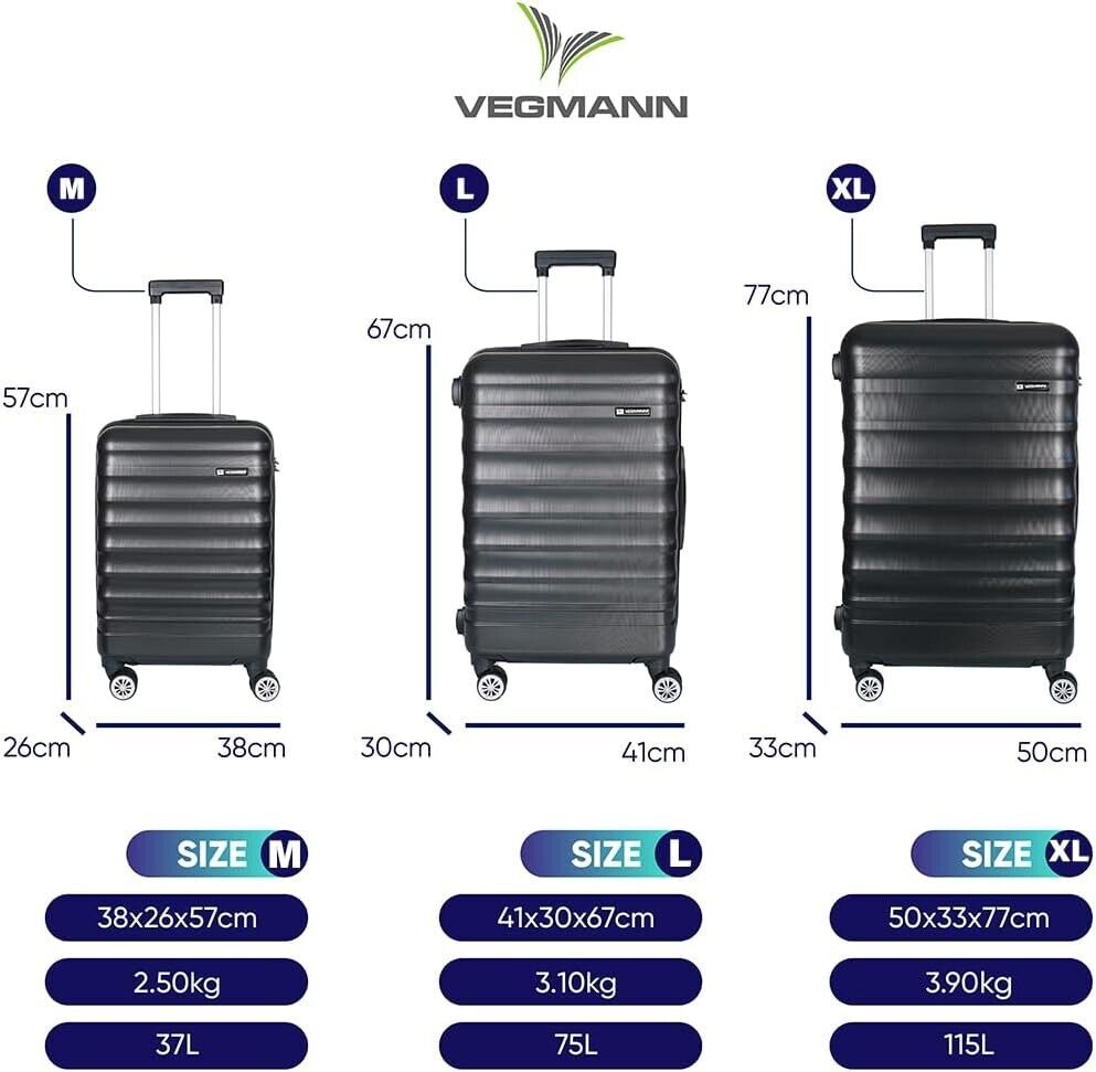 3-teiliges Hartschalen Kofferset Schwarz – Reisekoffer M/L/XL mit 4 Rollen & Zahlenschloss – ABS Trolley für Urlaub & Flugreisen