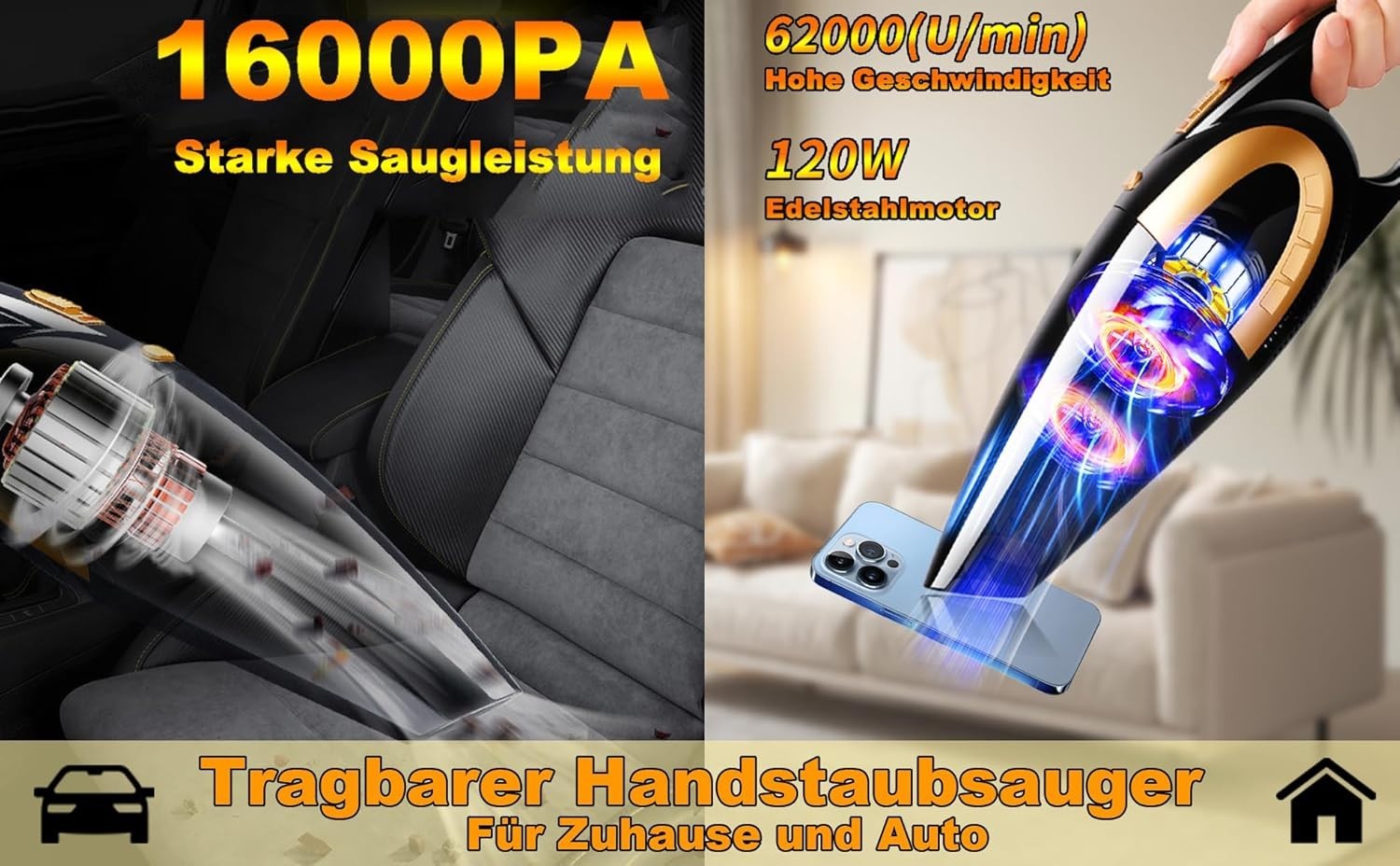 Handstaubsauger Kabellos 16000Pa Akku Tierhaare Auto Nass/Trocken 120W
