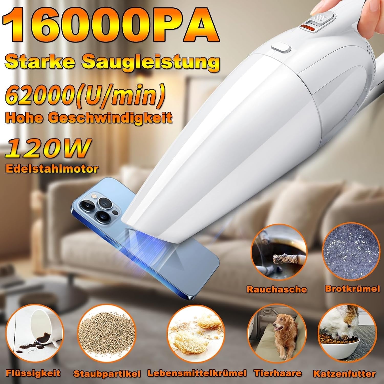 Handstaubsauger Kabellos 16000Pa 120W – Akku Nass & Trocken für Auto, Tierhaare & Haushalt