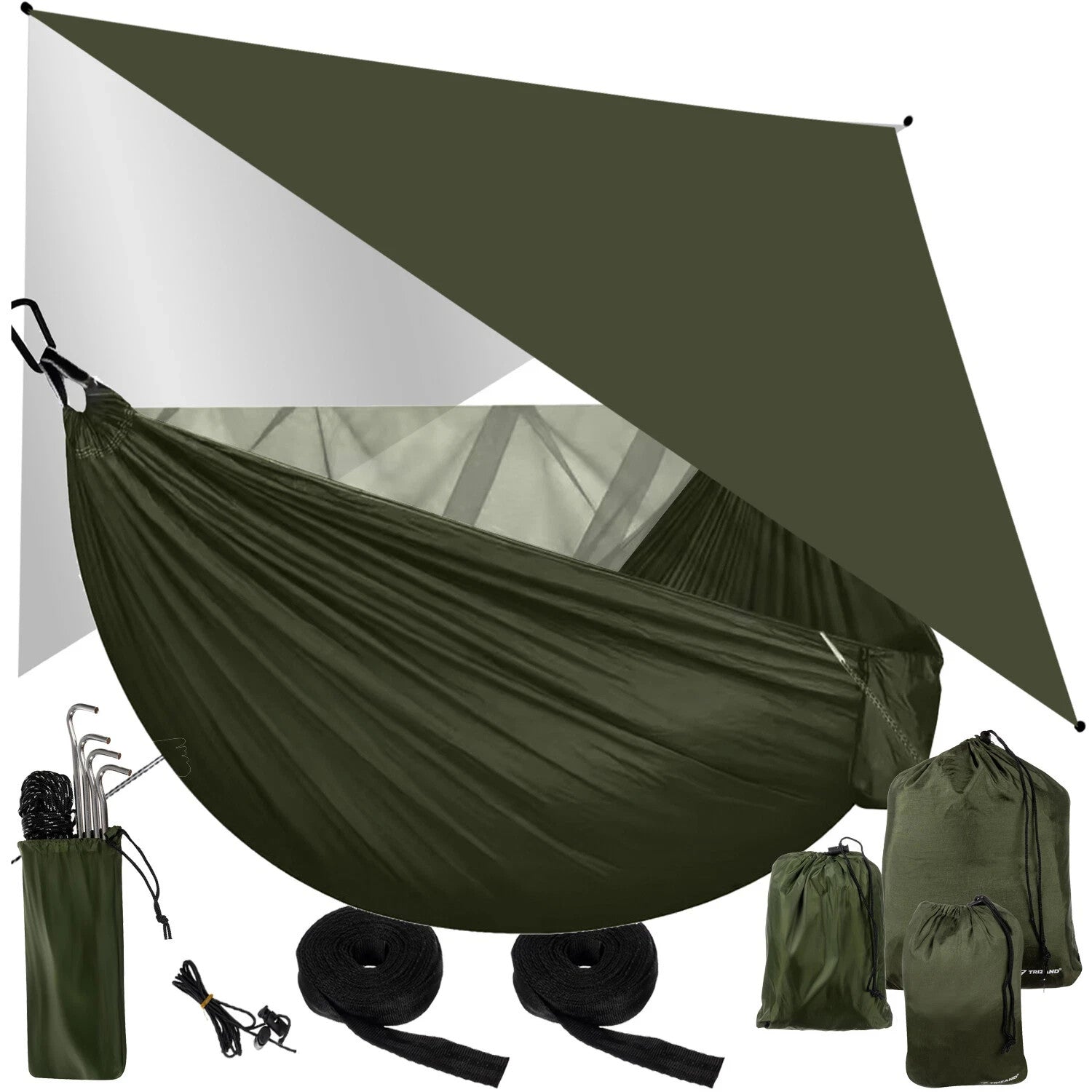 Hängematte 2 Personen mit Moskitonetz + Tarp Camping Ultraleicht 250kg Khaki