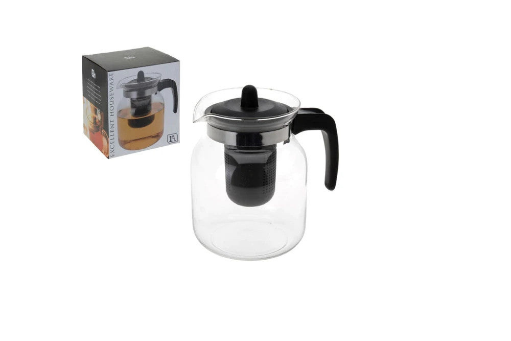 Glas Teekanne 1,5L mit Teesieb Borosilikatglas Teekanne Brüher Schwarz