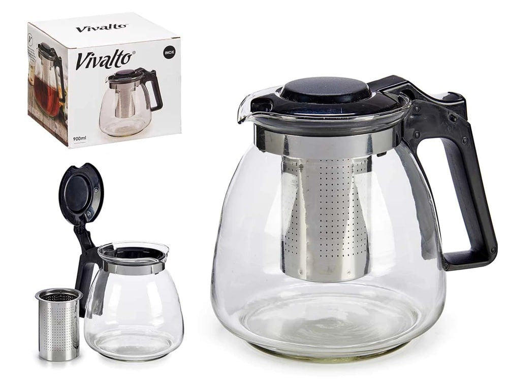 Glas Teekanne 900ml mit Sieb Edelstahl Schwarz Transparent Teekanne Kanne