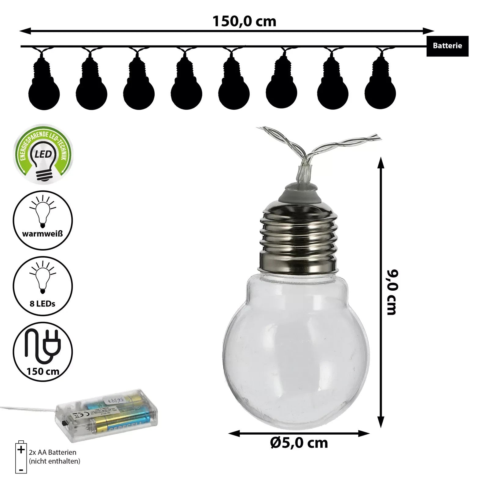 LED Lichterkette 150cm Warmweiß 8 Kugeln Ø5cm Batterie Girlande Metall