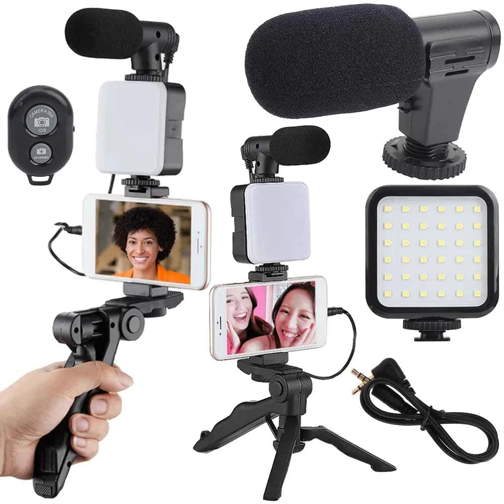 Vlogging Kit Stativ Mikrofon LED-Licht Handyhalter Set mit Bluetooth Fernbedieng