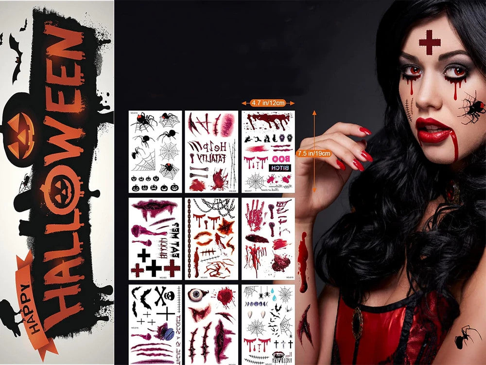 3 x Halloween Tattoos Blut Realistisch Waschbar Temporär Hautaufkleber 🎃💉