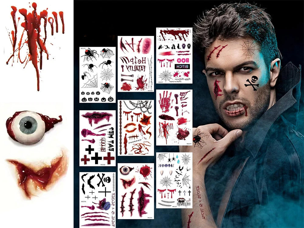 3 x Halloween Tattoos Blut Realistisch Waschbar Temporär Hautaufkleber 🎃💉