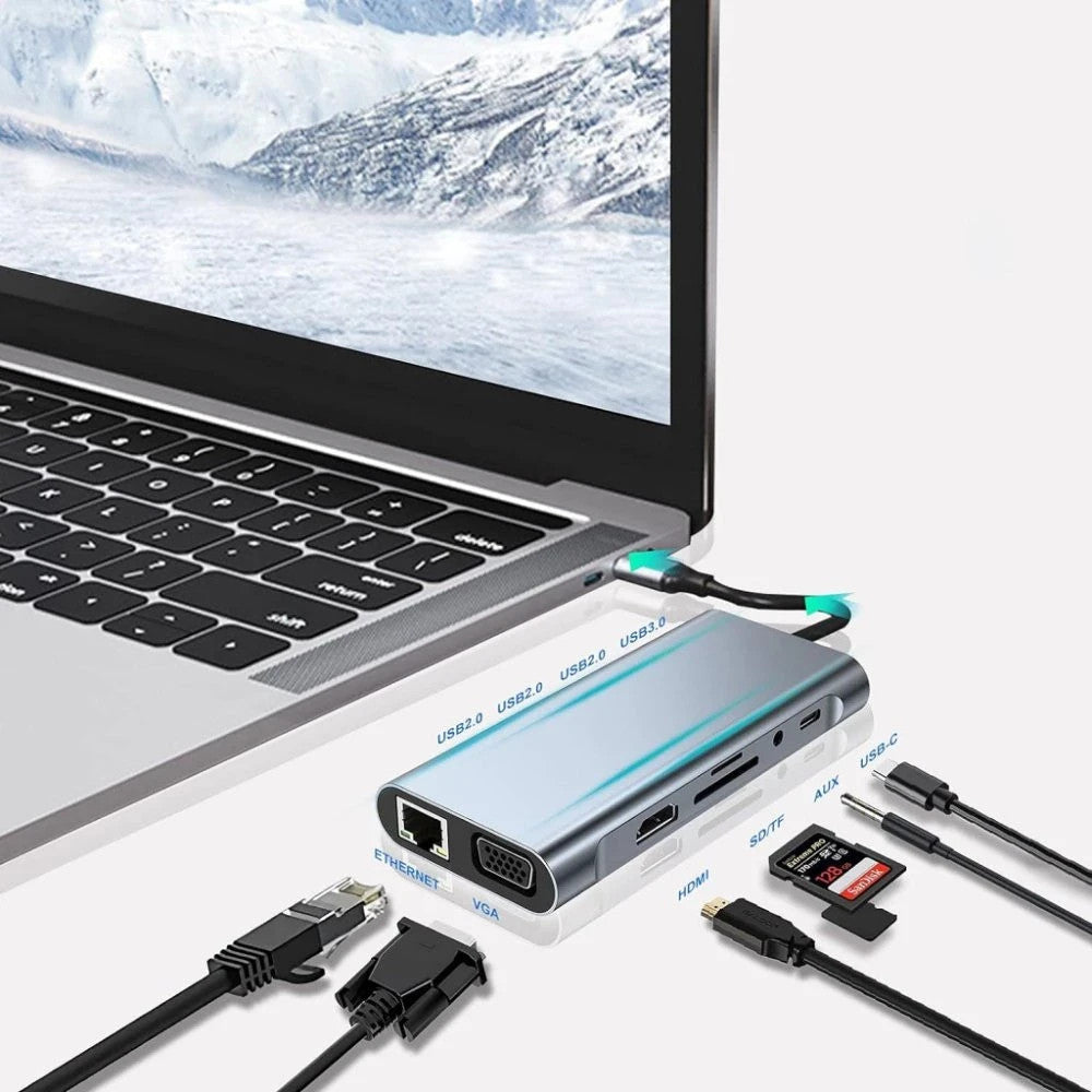 USB C Hub 11-in-1 Dockingstation HDMI 4K VGA RJ45 SD TF Audio Adapter