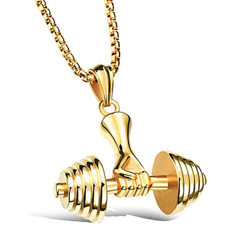 Gold Halskette mit Hantel Anhänger Fitness Schmuck Bodybuilding