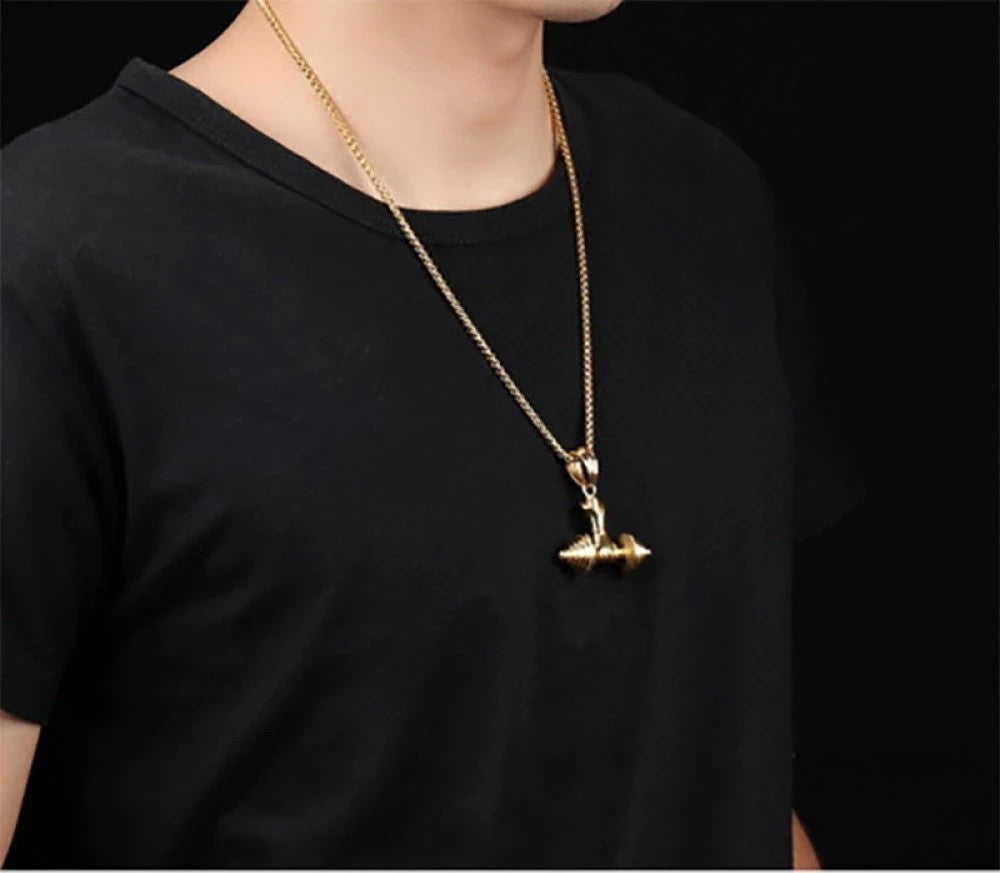 Gold Halskette mit Hantel Anhänger Fitness Schmuck Bodybuilding