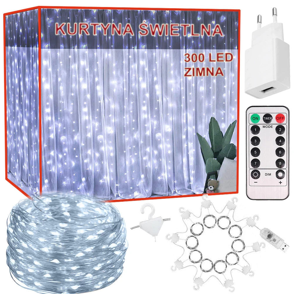 LED Lichtervorhang 300 LEDs 3x3m kaltweiß USB Netzadapter & Fernbedienung