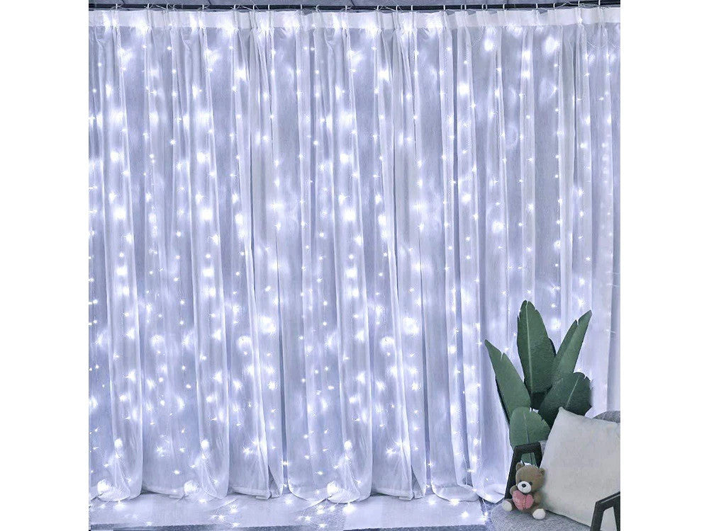 LED Lichtervorhang 300 LEDs 3x3m kaltweiß USB Netzadapter & Fernbedienung