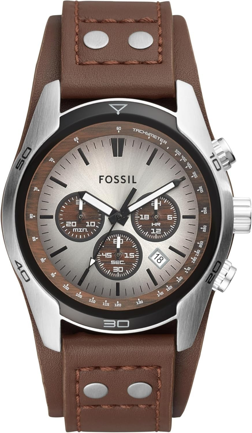 FOSSIL Coachman Herrenuhr – Chronograph mit Quarzwerk & Echtlederarmband | 45mm Edelstahlgehäuse, braunes Zifferblatt, wasserdicht bis 100 m