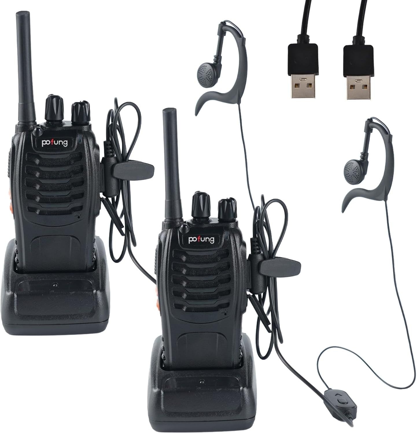 2x POFUNK Walkie Talkie PMR446 Funkgeräte LED Lampe Headset USB Schwarz