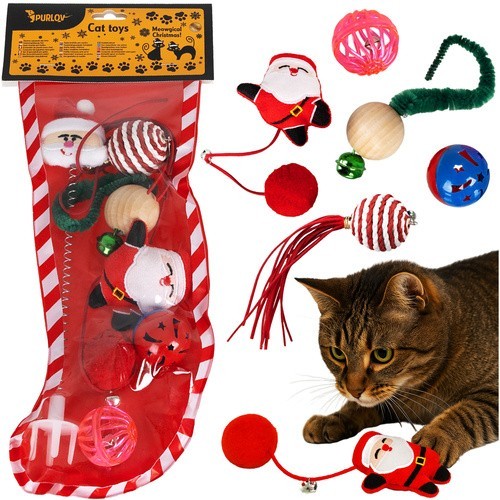 PURLOV Katzenspielzeug Set 6-tlg Weihnachten Bälle Federn Glöckchen