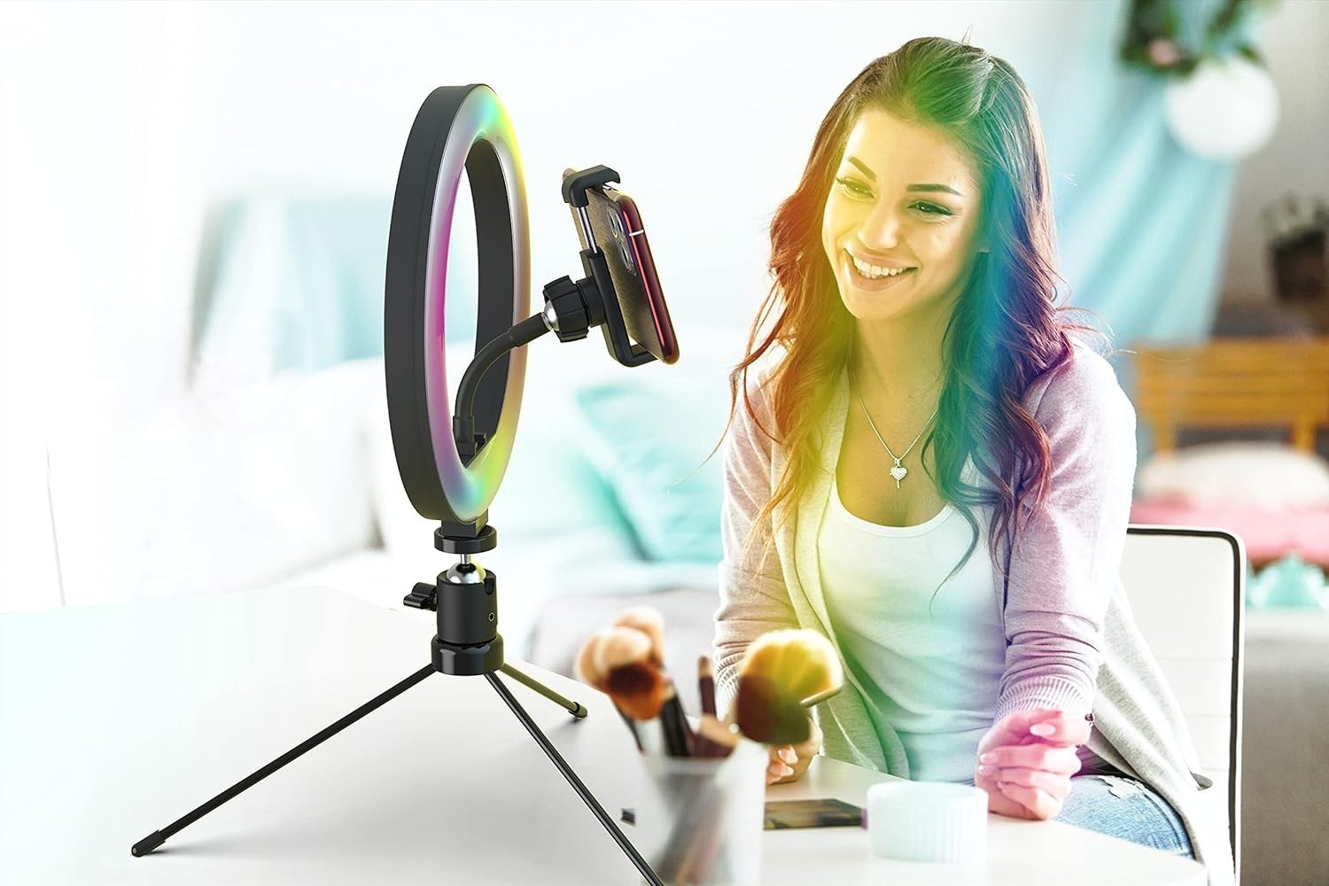 RGB Ringlicht 10" mit Stativ & Handyhalter – 3 Modi, 15 Farben, 10 Stufen 💡