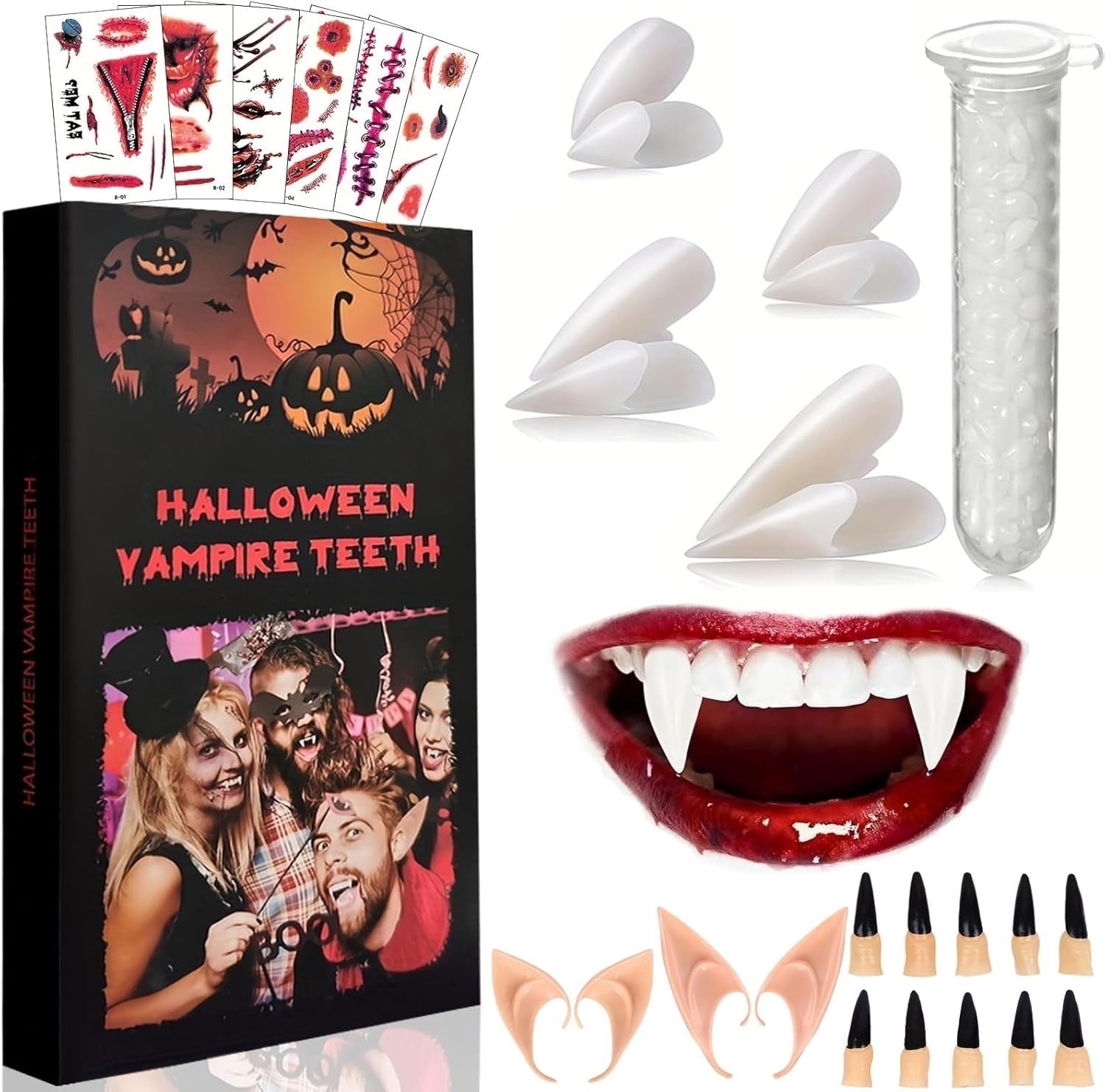 Halloween Vampir Zähne Set Erwachsene Kinder Fangs Elfenohren Krallen 🎃