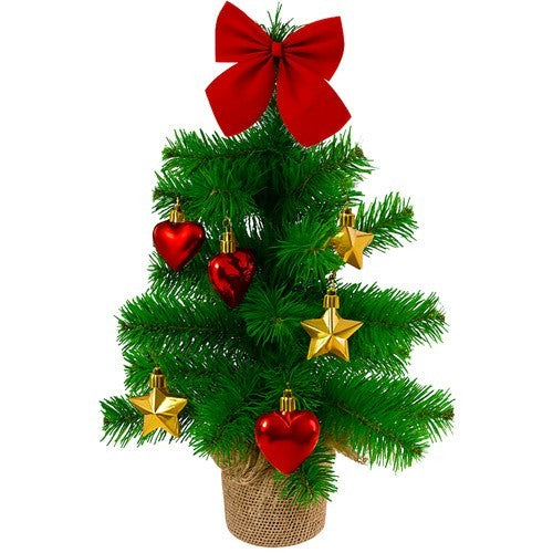 Künstlicher Mini-Weihnachtsbaum 45 cm – Tischdeko mit roten & goldenen Kugeln, Schleife & Jutesockel