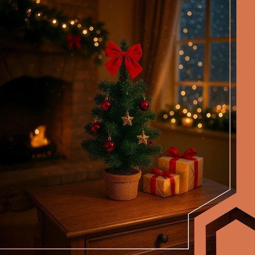 Künstlicher Mini-Weihnachtsbaum 45 cm – Tischdeko mit roten & goldenen Kugeln, Schleife & Jutesockel