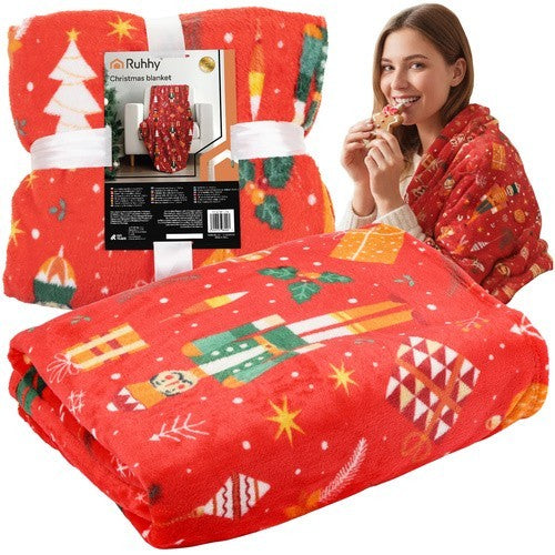 RUHHY Weihnachtsdecke 150x200 cm – Weiche Kuscheldecke in Rot, Doppelbett-Überwurf mit festlichem Motiv