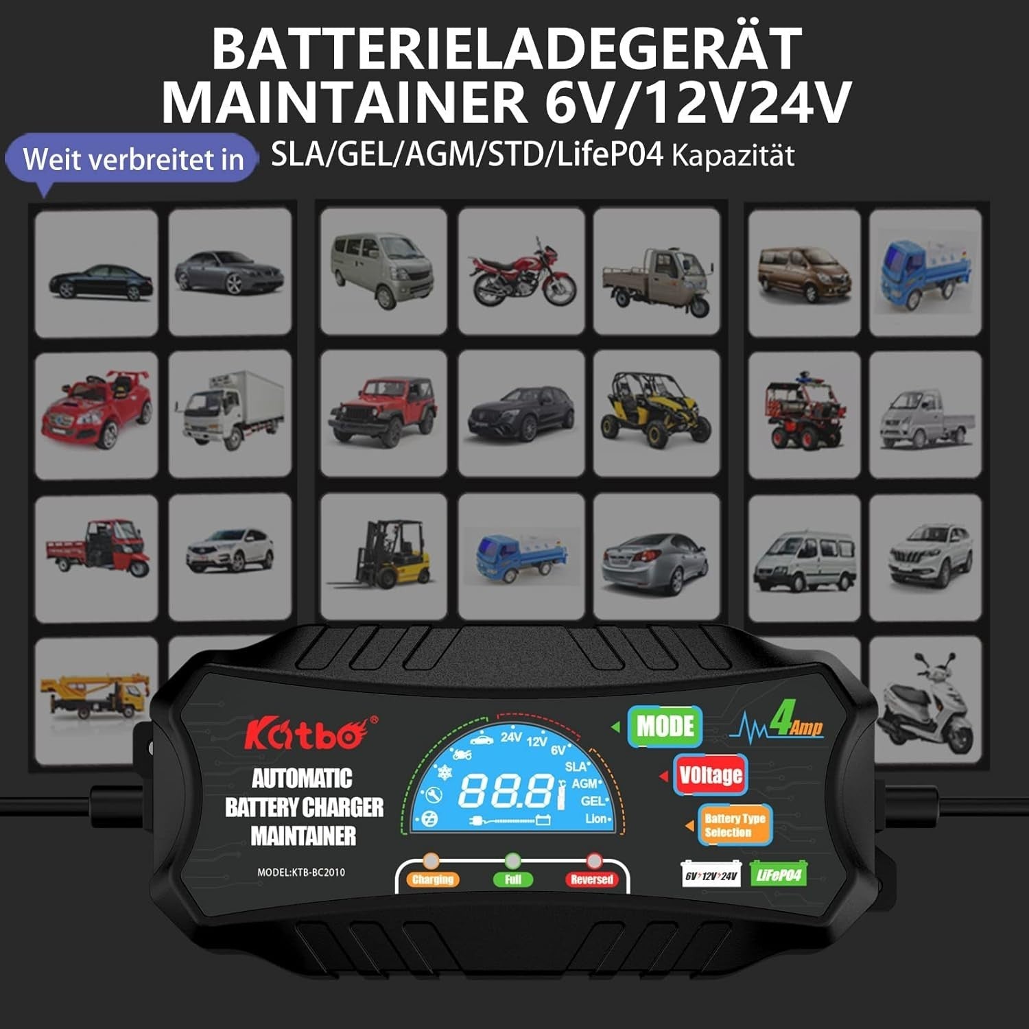 Batterieladegerät 12V 24V KFZ Auto Motorrad Vollautomatisch LCD Display